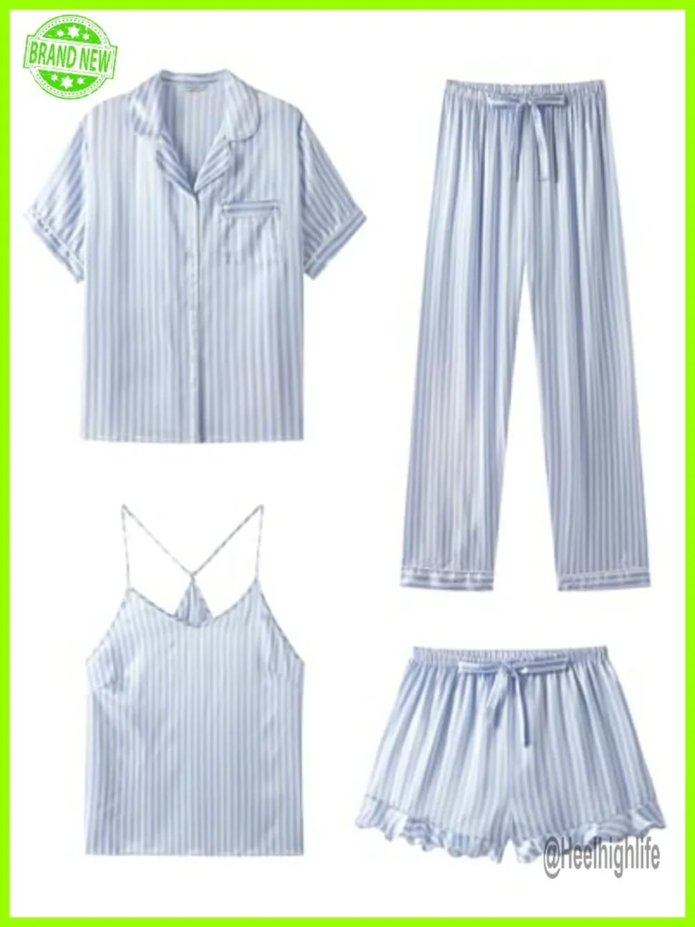 Satin Pajama Set 4Pc Ruffled Cami Shorts Button Down Short Sleeve